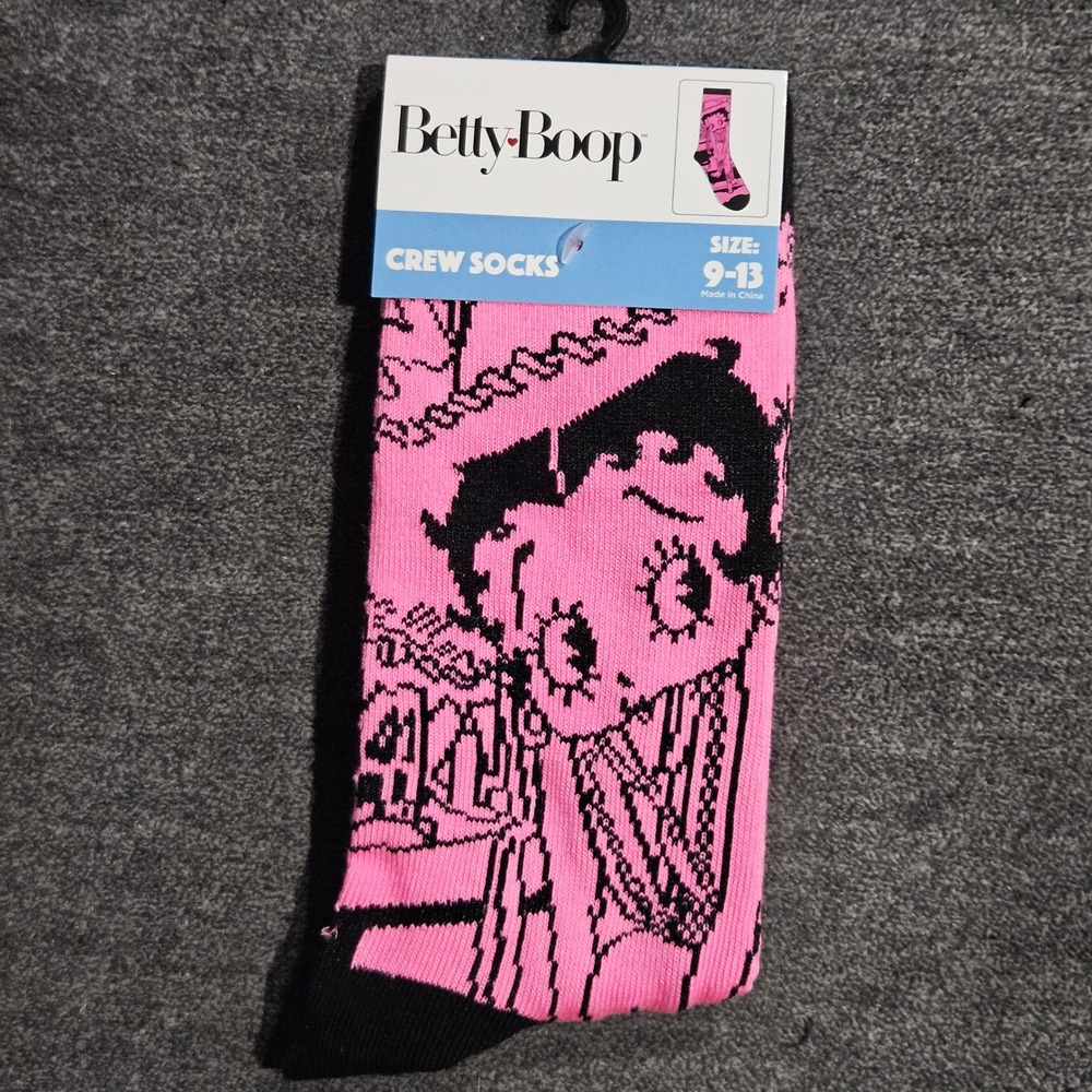 Betty Boop Pink Black Graphic Crew Novelty Socks Size 9-13 New